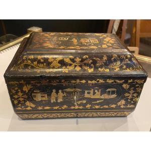 Ancien coffret Boîte à Thé XIXe En Laque De Chine Décor Peint Dorure Napoleon 3