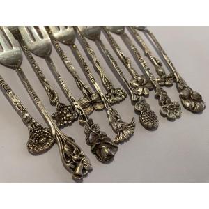 12 Fourchettes A Gâteaux Argent Massif  Décor Floral Art Nouveau