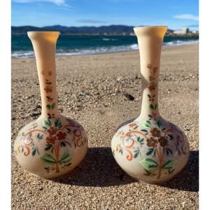 Pair Of 19th Century Enamelled Opaline Vases, Napoleon III Soliflore