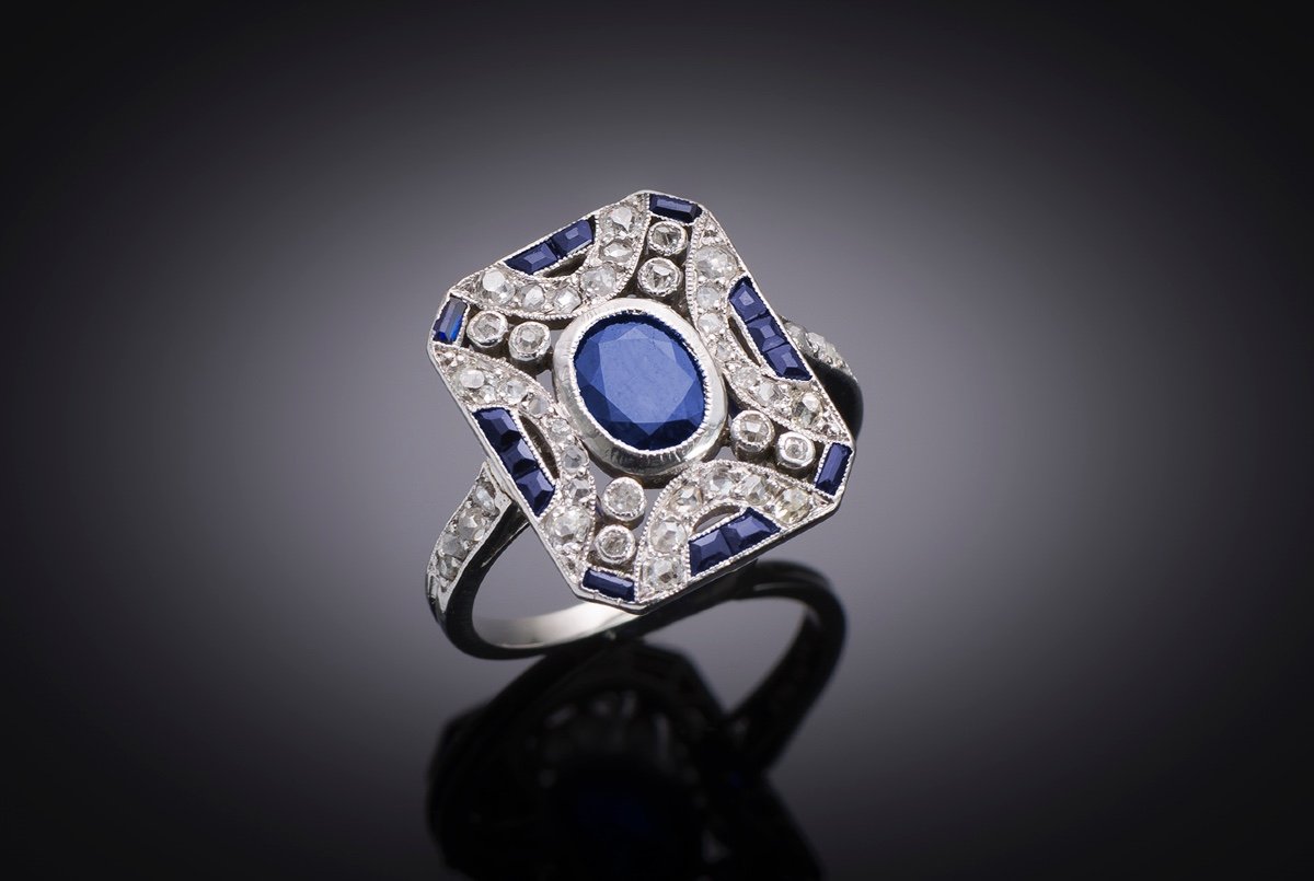 Art Deco Unheated Sapphire Ring (laboratory Certificate) And Diamonds