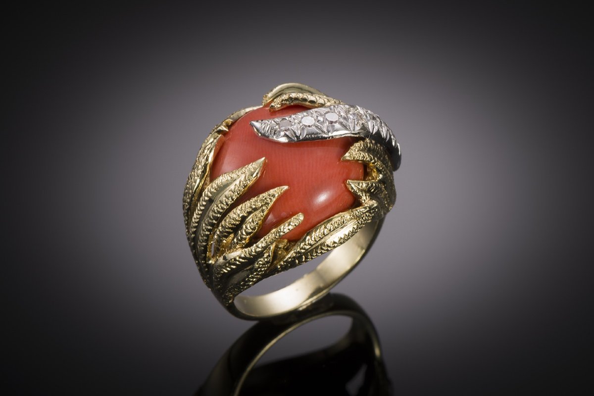 Bague vintage corail et diamants vers 1960 - 1970