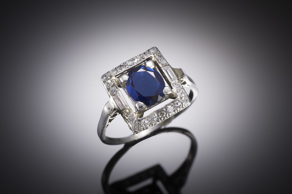 Sapphire And Diamond Ring In Platinum And Gold. French Work.