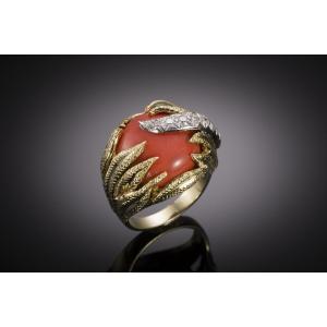 Bague vintage corail et diamants vers 1960 - 1970