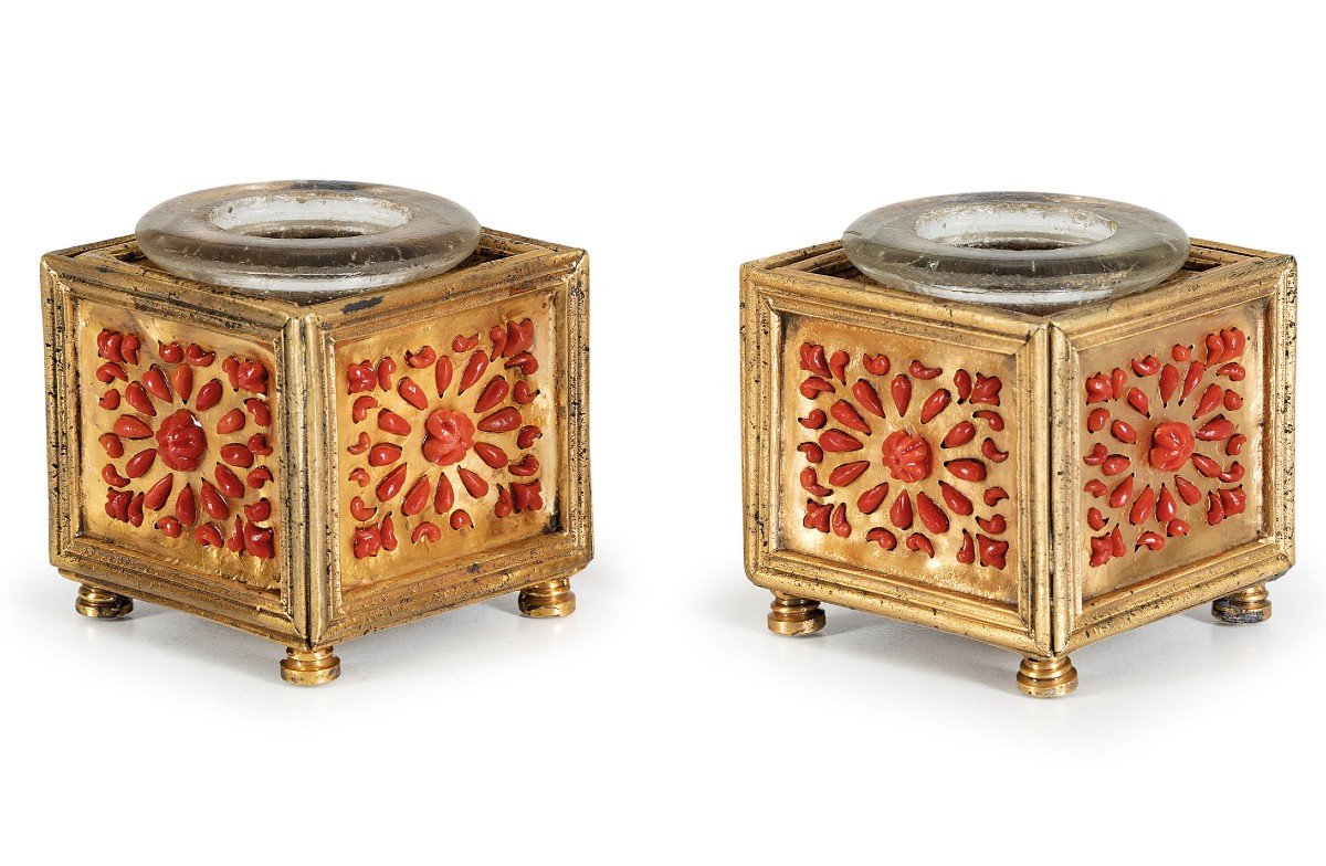 Rare Coral And Gilde Copper Inkwells,17th Century -photo-2