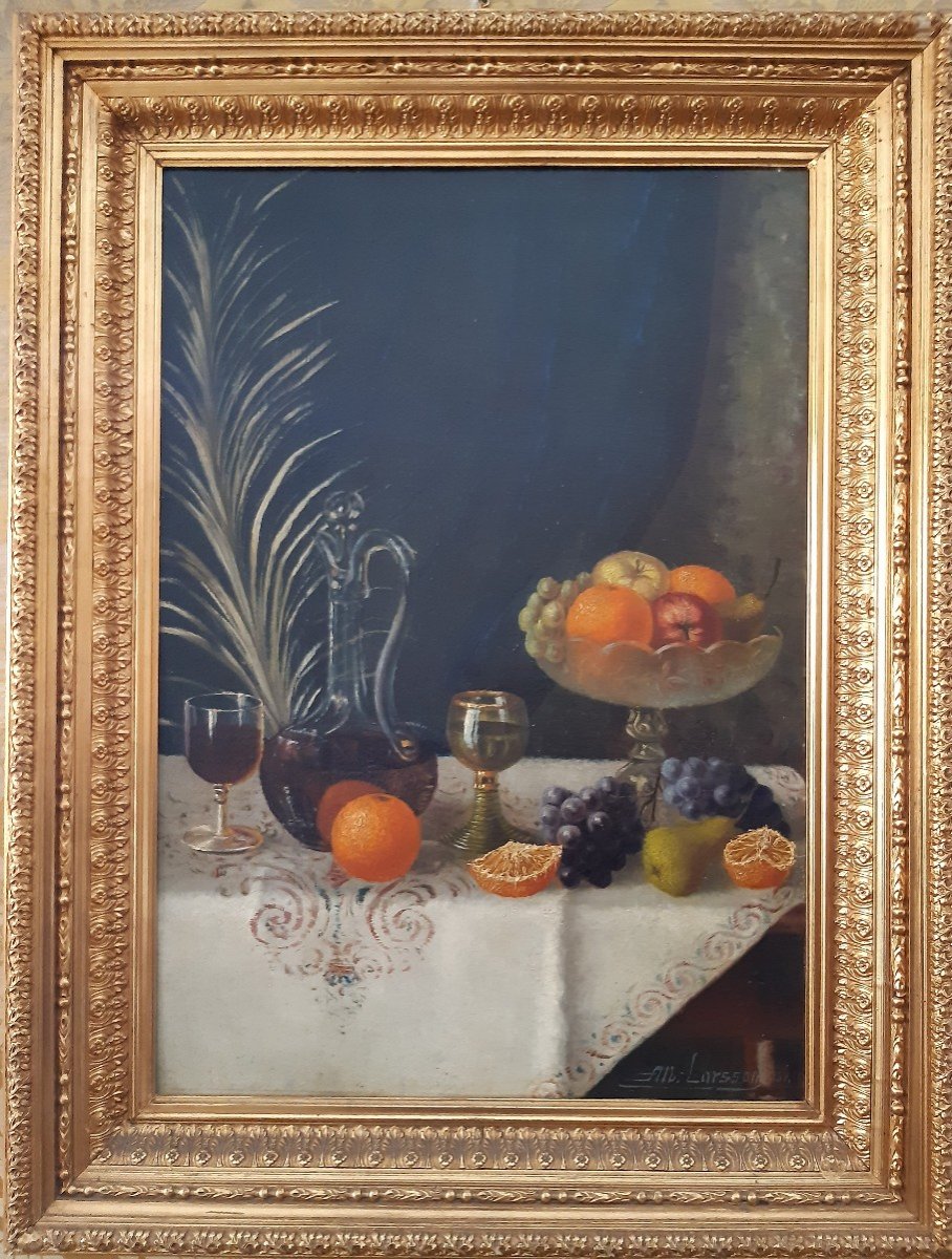 Peinture à l'Huile Sur Toile, Composition Avec Des Fruits Et Du Vin, Du Peintre Albert Larsson-photo-2