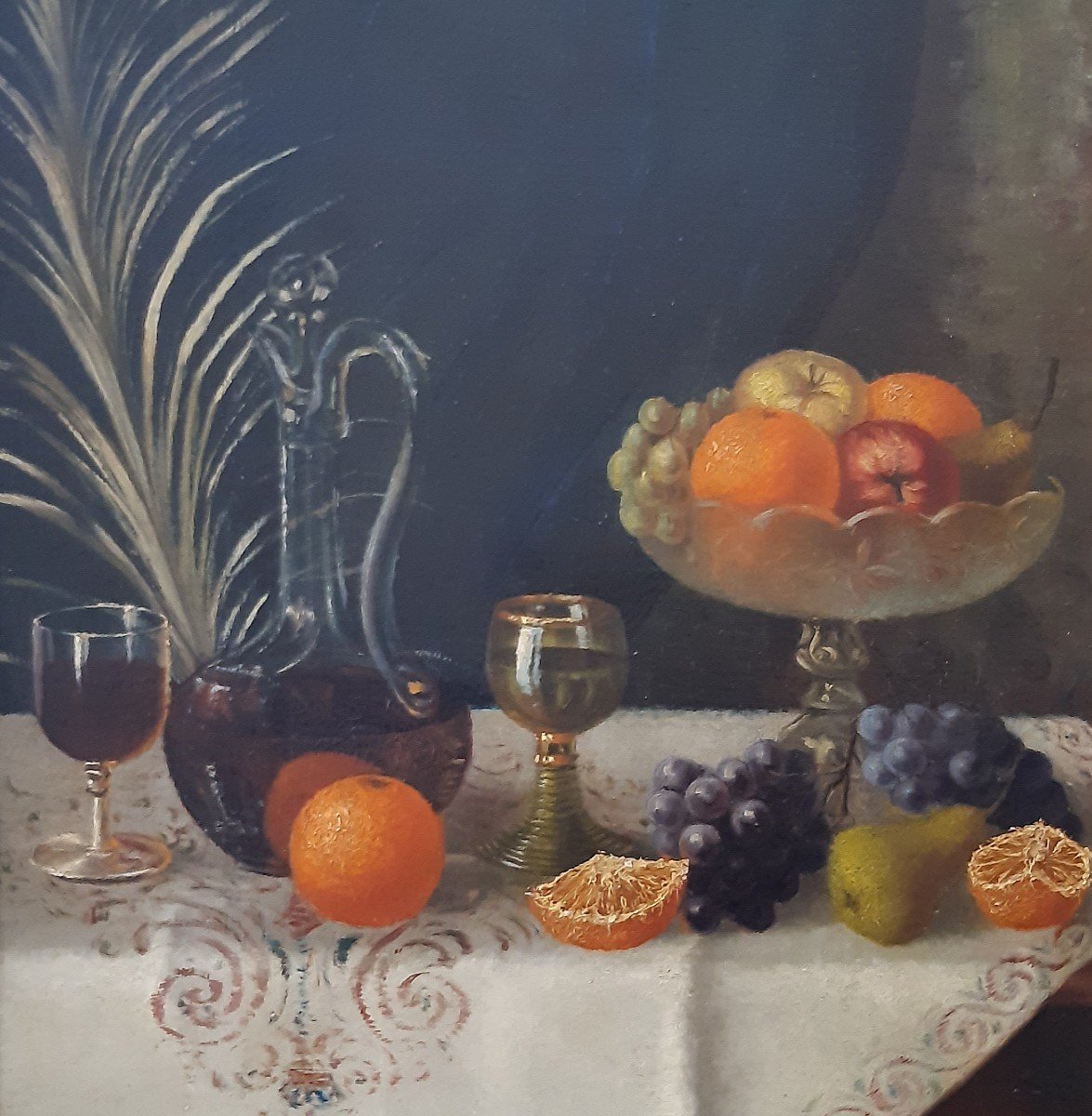 Peinture à l'Huile Sur Toile, Composition Avec Des Fruits Et Du Vin, Du Peintre Albert Larsson