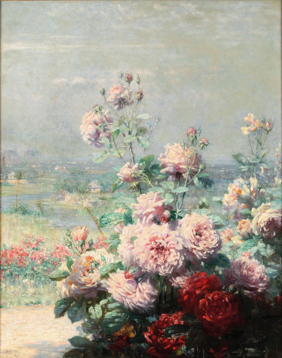 Paysage Français Avec Fleurs, Huile Sur Toile-photo-2