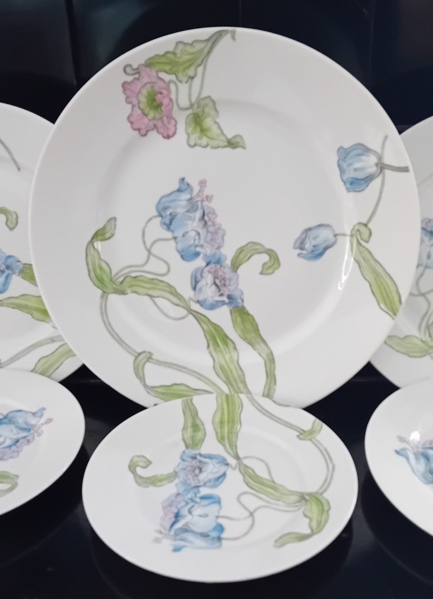 Six Assiettes En Porcelaine Ginori, Style Artnuveau-photo-2