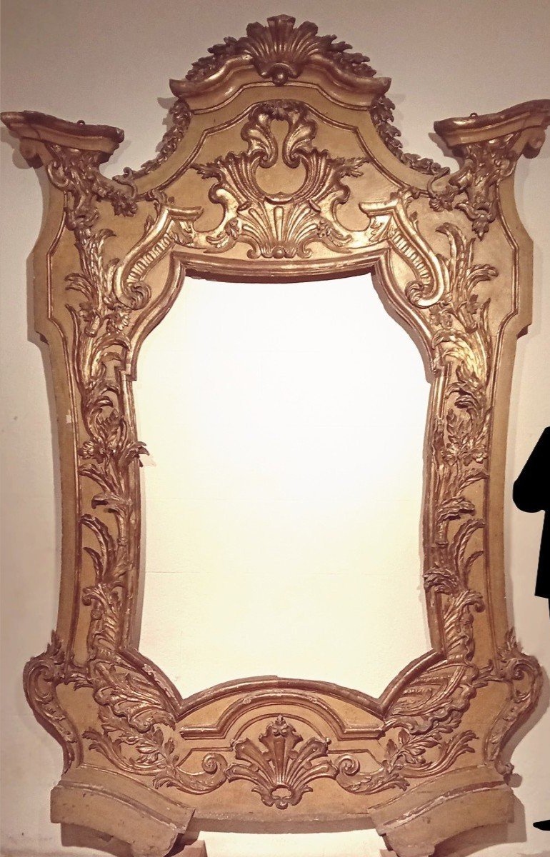 Important Grand Miroir Baroque En Bois Sculpté, Laqué Et Doré