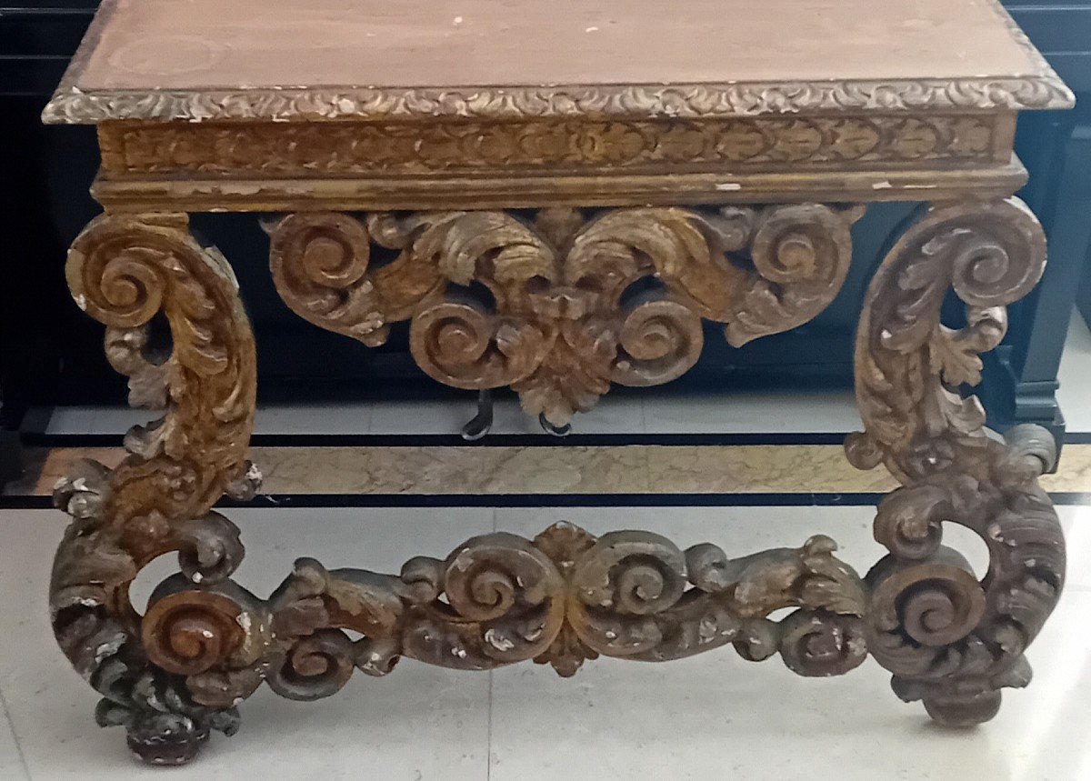 Ancient Baroque Console In Carved And Gilded Wood-photo-4