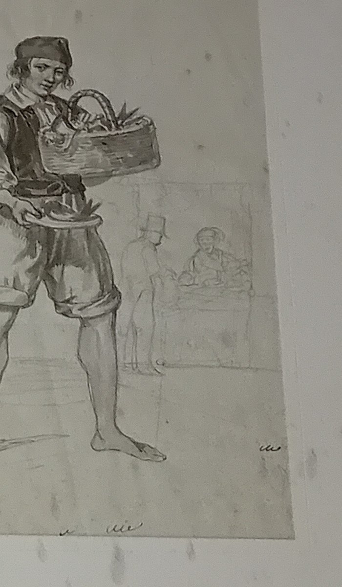 Dessin Ancien Sur Papier, Au Crayon, La Vendeuse De Poisson, école Italienne-photo-4