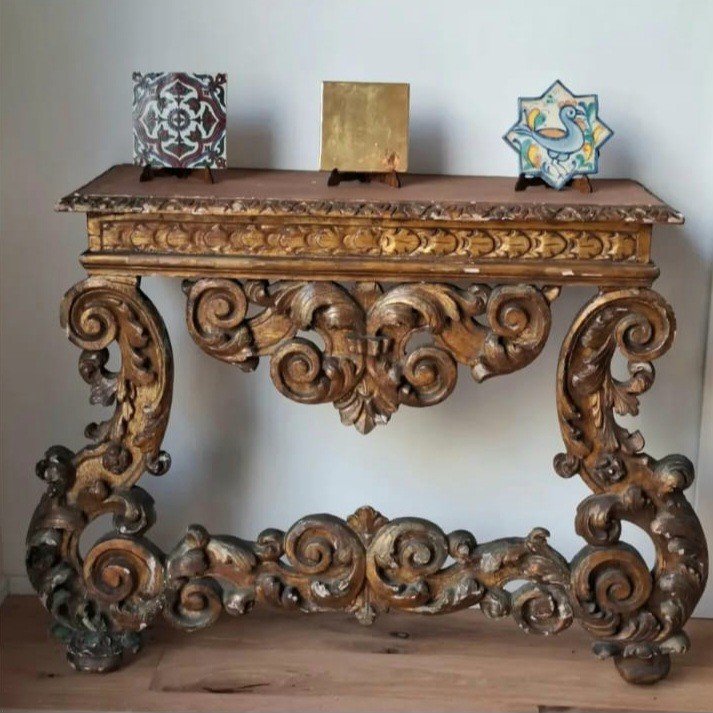 Console Ancienne Italienne Louis XIV En Bois Sculpté Et Doré