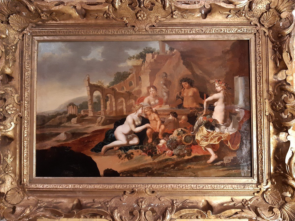 Neoclassical Oil Painting On Panel "bacchanal"-photo-2