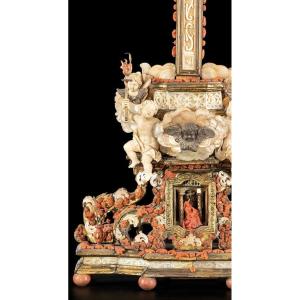 Rare And Important Italian Sculptural Group In Coral, Ivory, Silver, Gilded Copper