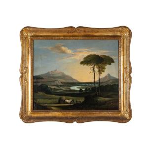 Peinture Italienne Ancienne Sur Toile Représentant Un Paysage De Campagne Romaine