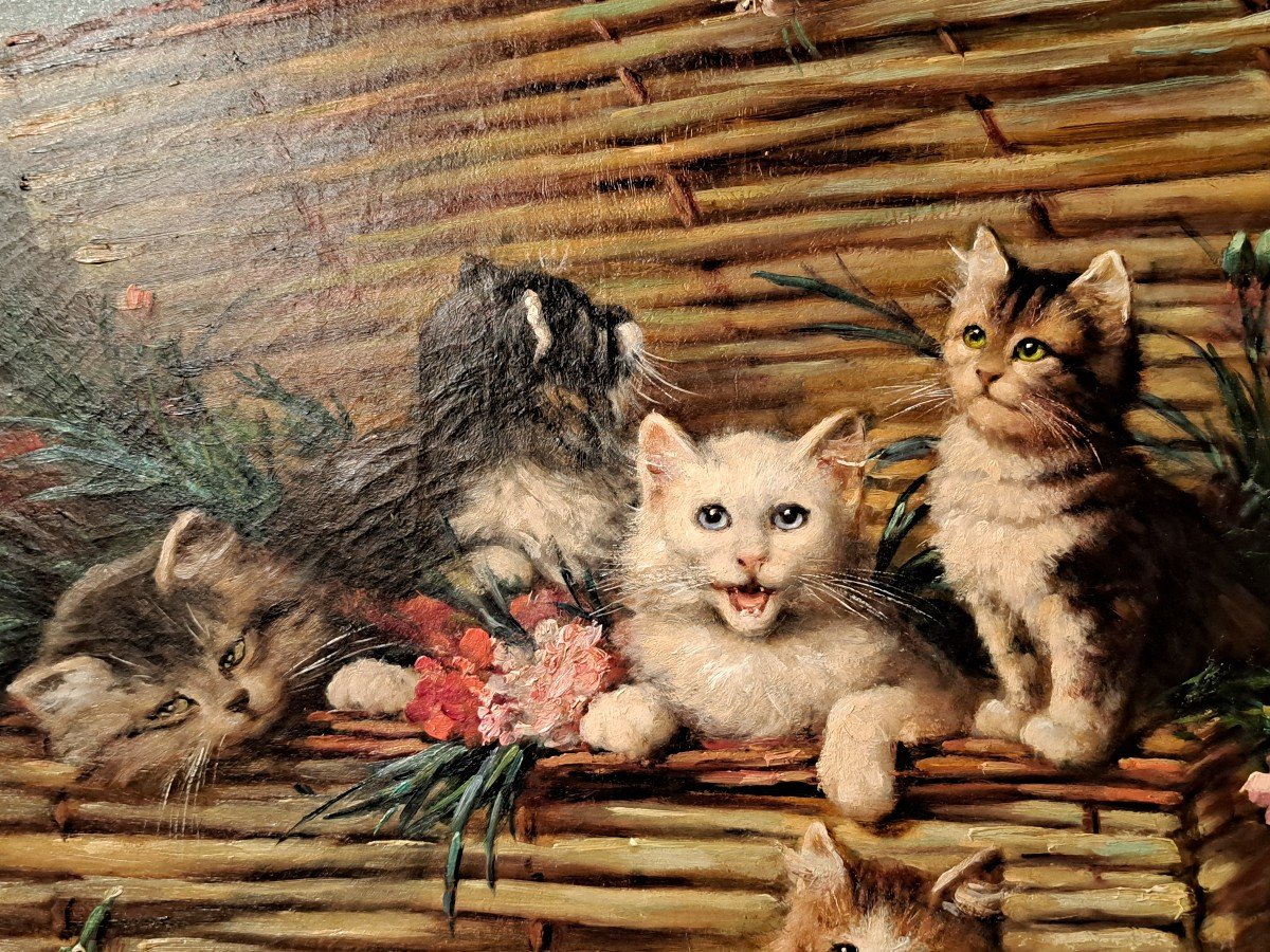 Leon Huber - Painting Family Of Cats In A Basket-photo-4