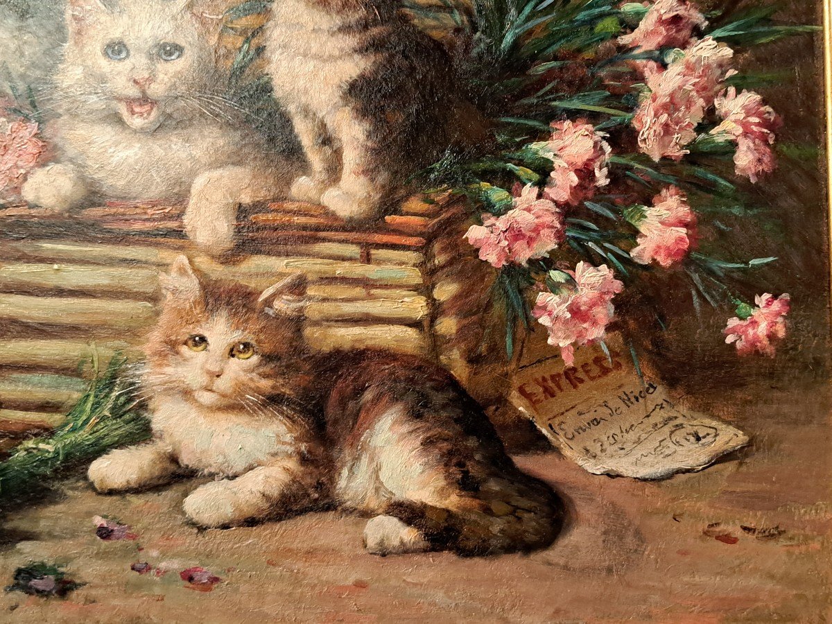 Leon Huber - Painting Family Of Cats In A Basket-photo-1