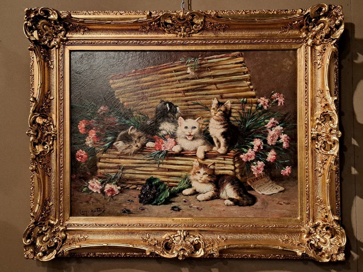 Leon Huber - Painting Family Of Cats In A Basket