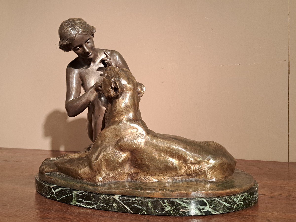 JEAN MAGROU - Bronze Art Déco "Dame à La Panthère"