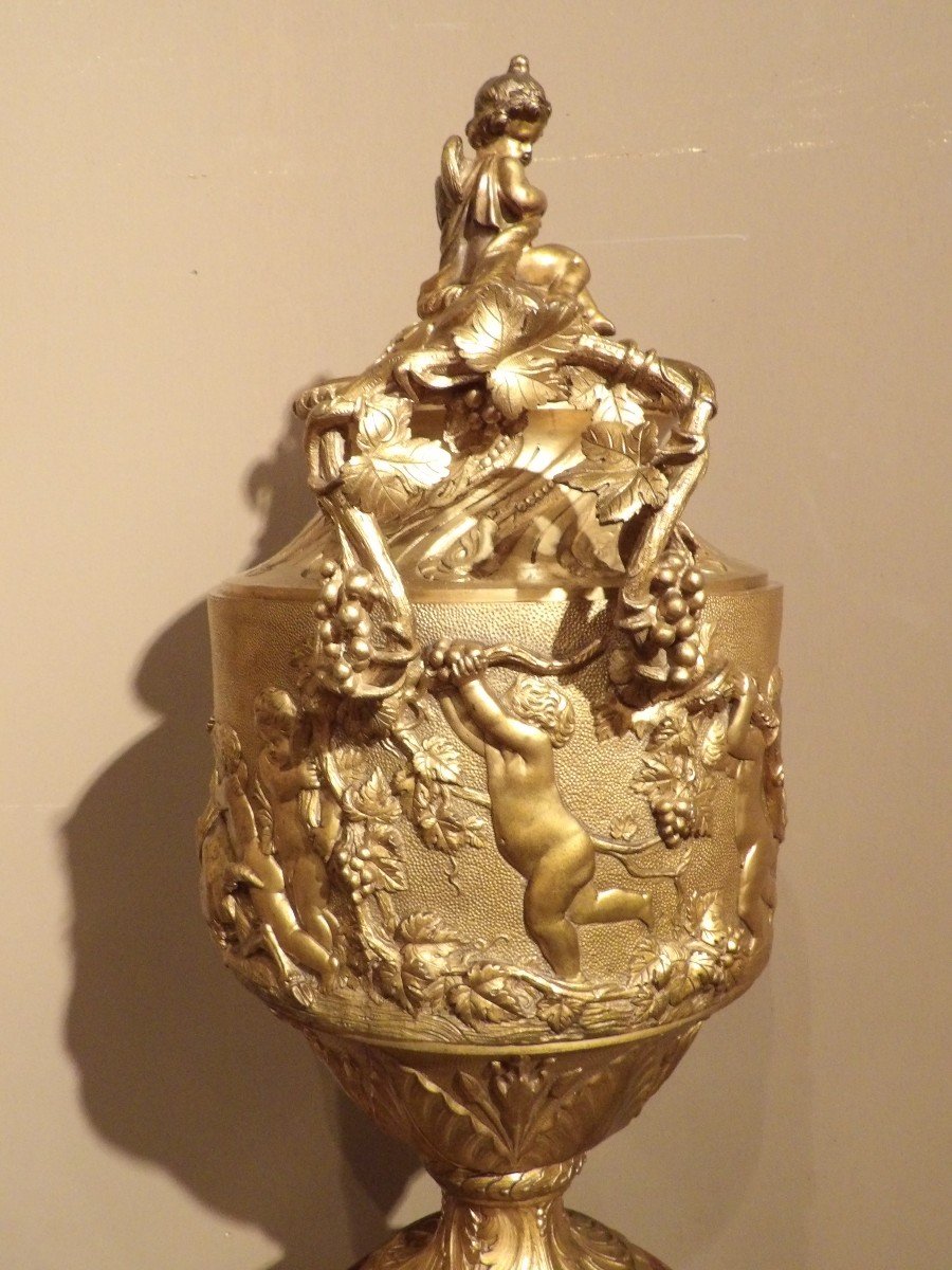 Pair Of Gilt Bronze Vases With Bacchanalia Decor-photo-4