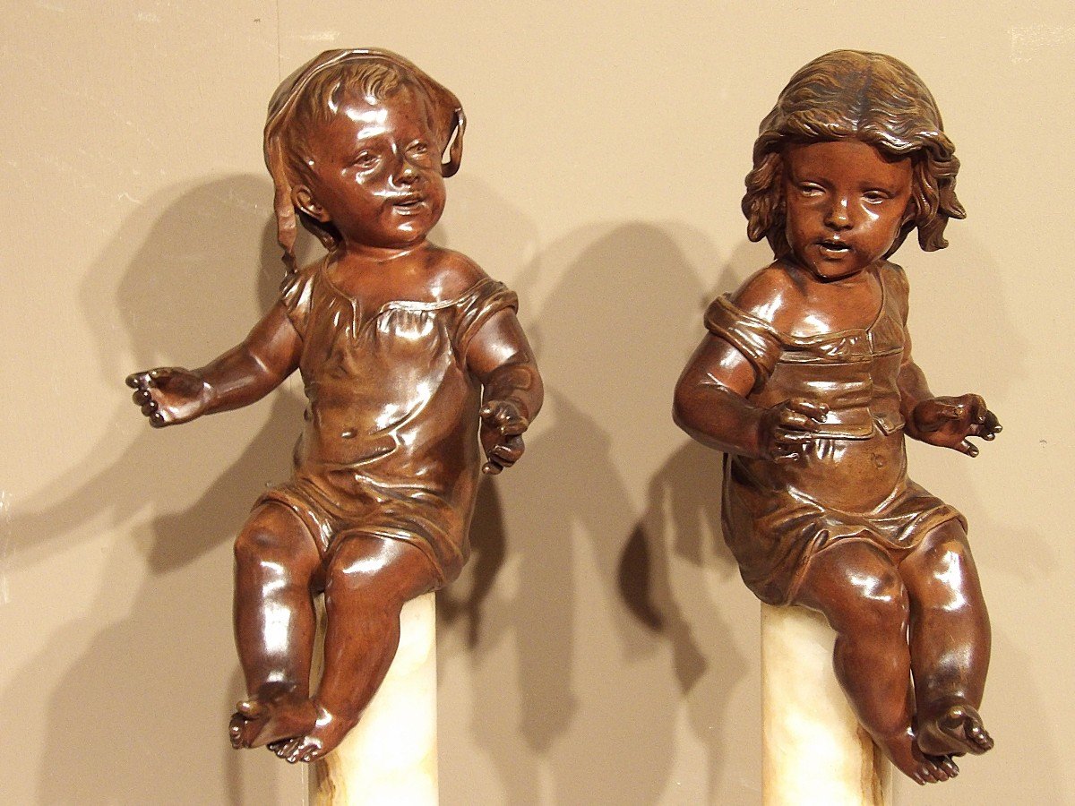 Nicolas Lecorney - Couple Of Children In Bronze On Onyx Columns-photo-2