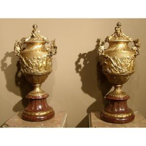 Pair Of Gilt Bronze Vases With Bacchanalia Decor