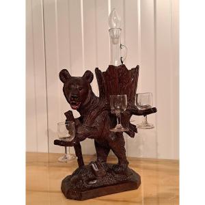 Black Forest Sculpture/liqueur Cellar "bear Carrying Glasses"