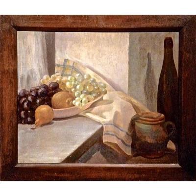 Grapes, Plums, Pears, Pitcher, Bottle, Towel: Compo
