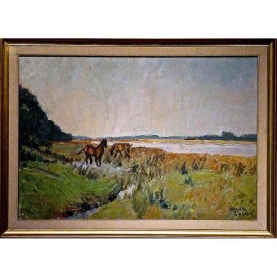 Horses In The Meadow By Huguette Carron (1900-1976)