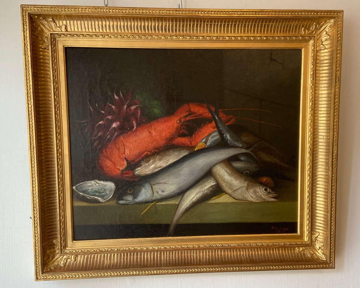 Tableau Nature Morte Aux Poissons Et Crustacés XIXeme