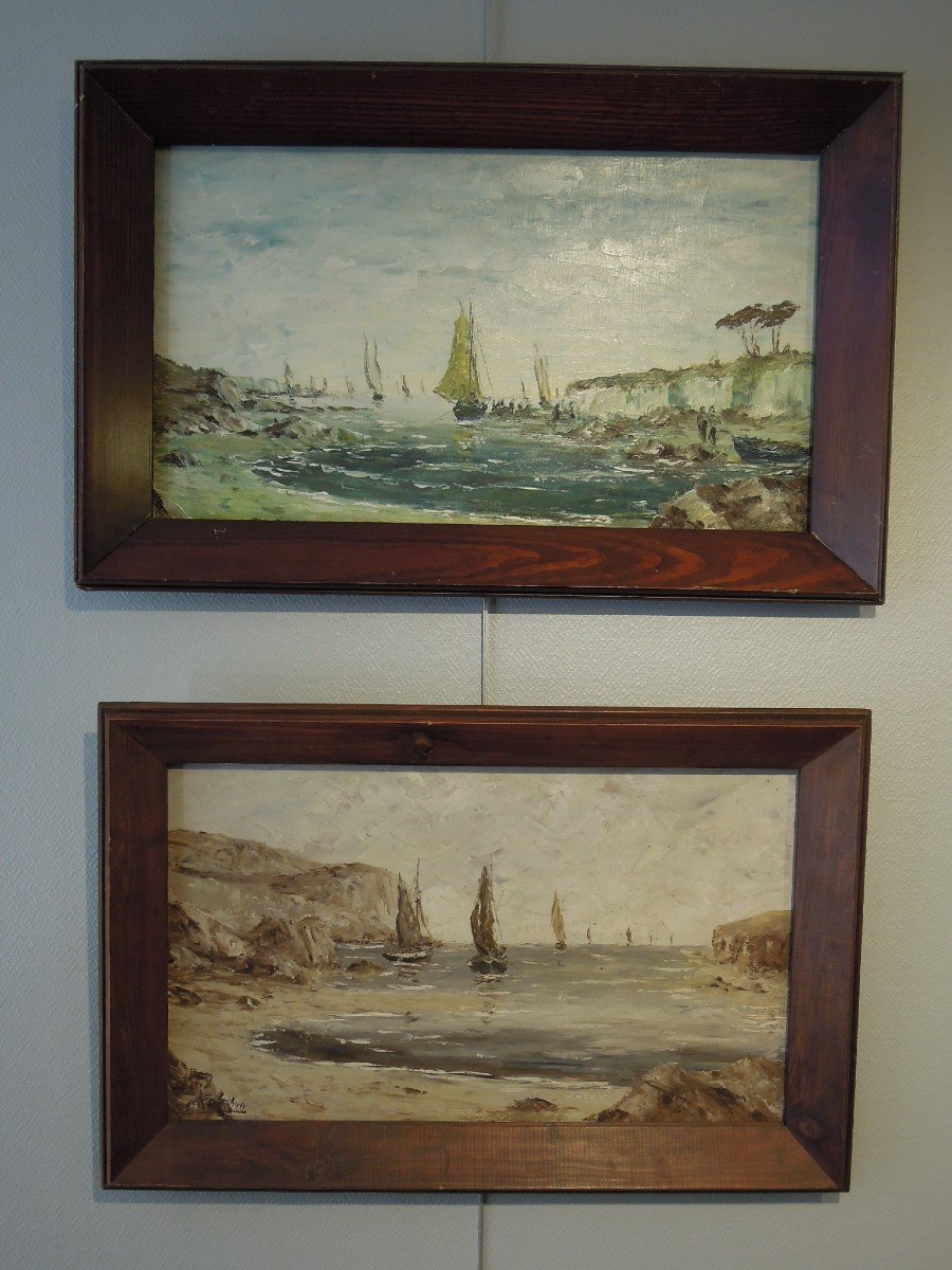 Tableaux : paire de marines, paysages de bord de mer par Pierre Arnaud, hsp