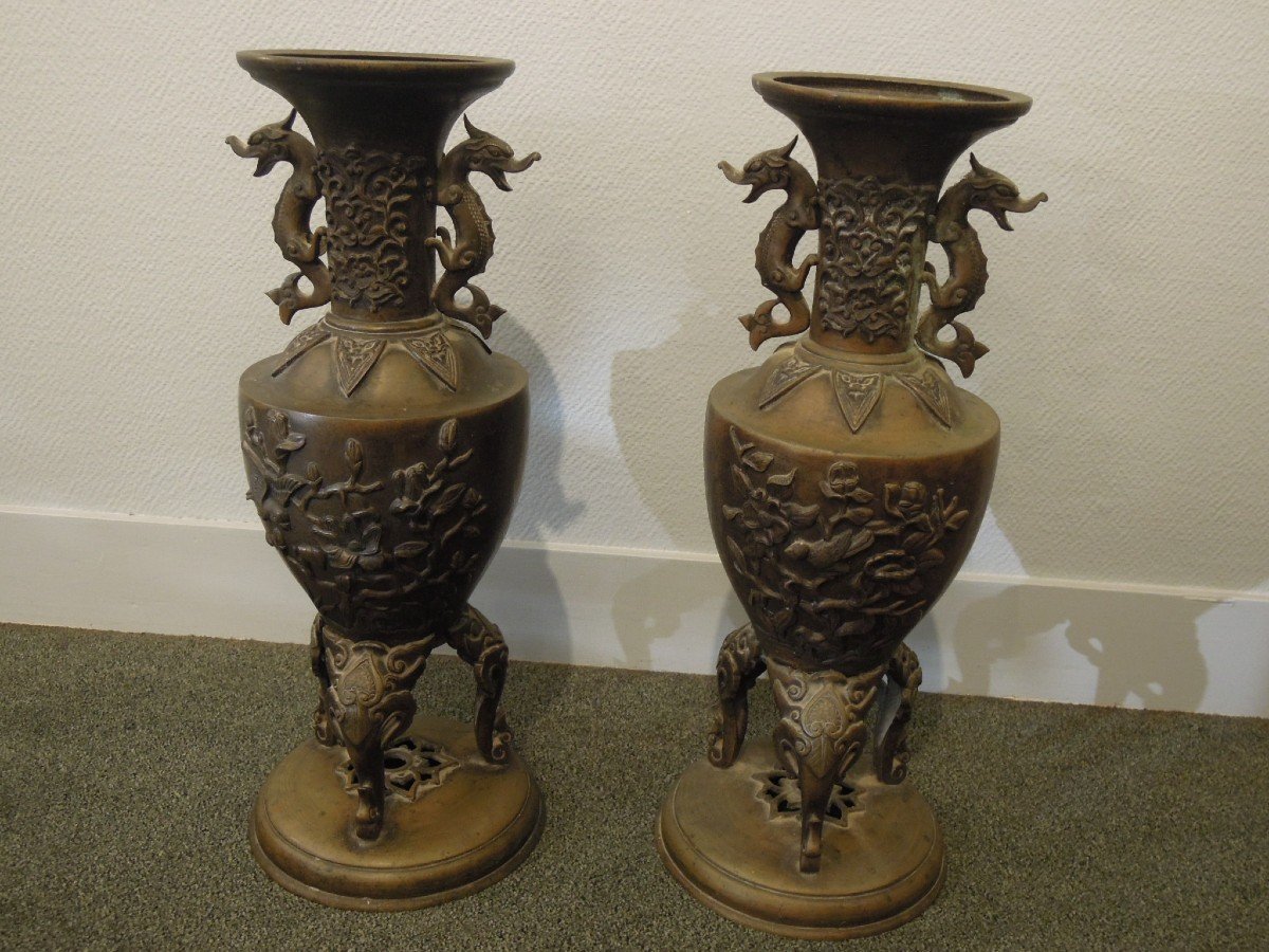 Pair Of Chinese Patinated Bronze Vases, 19th Century-photo-3