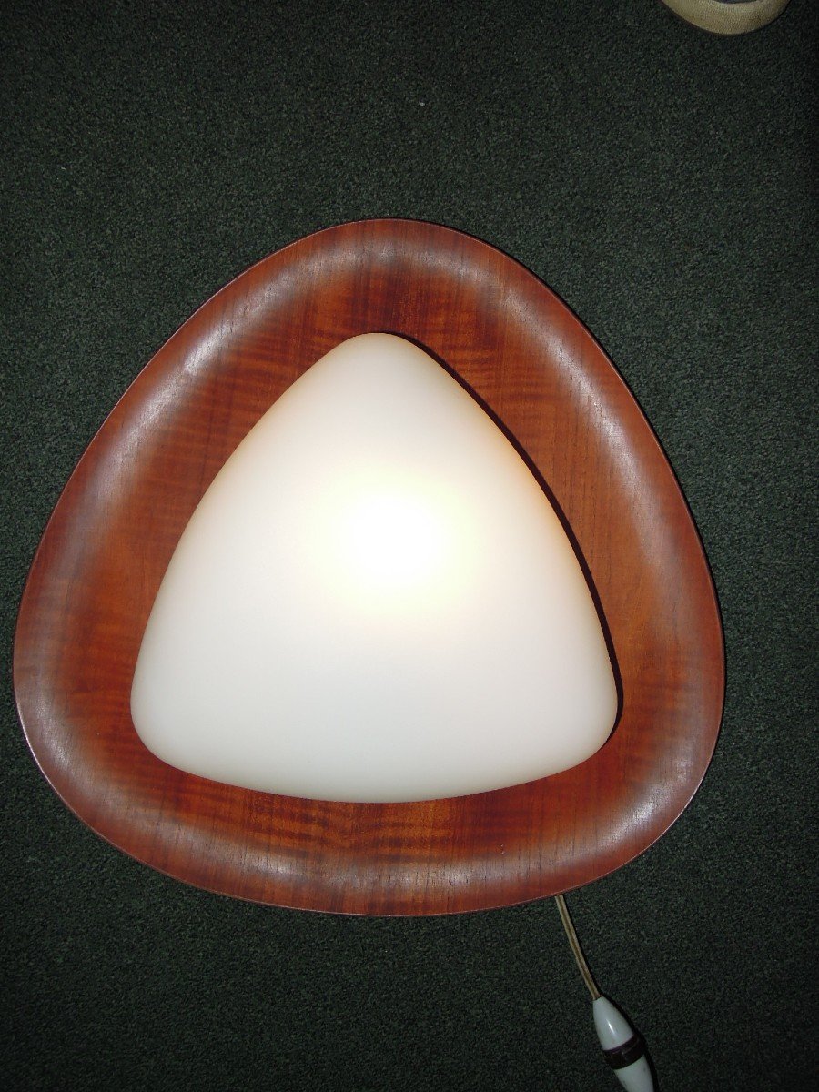 Triangular Wall Lamp In Teak And Opaline Glass By Goffredo Reggiani 60s-70s-photo-1