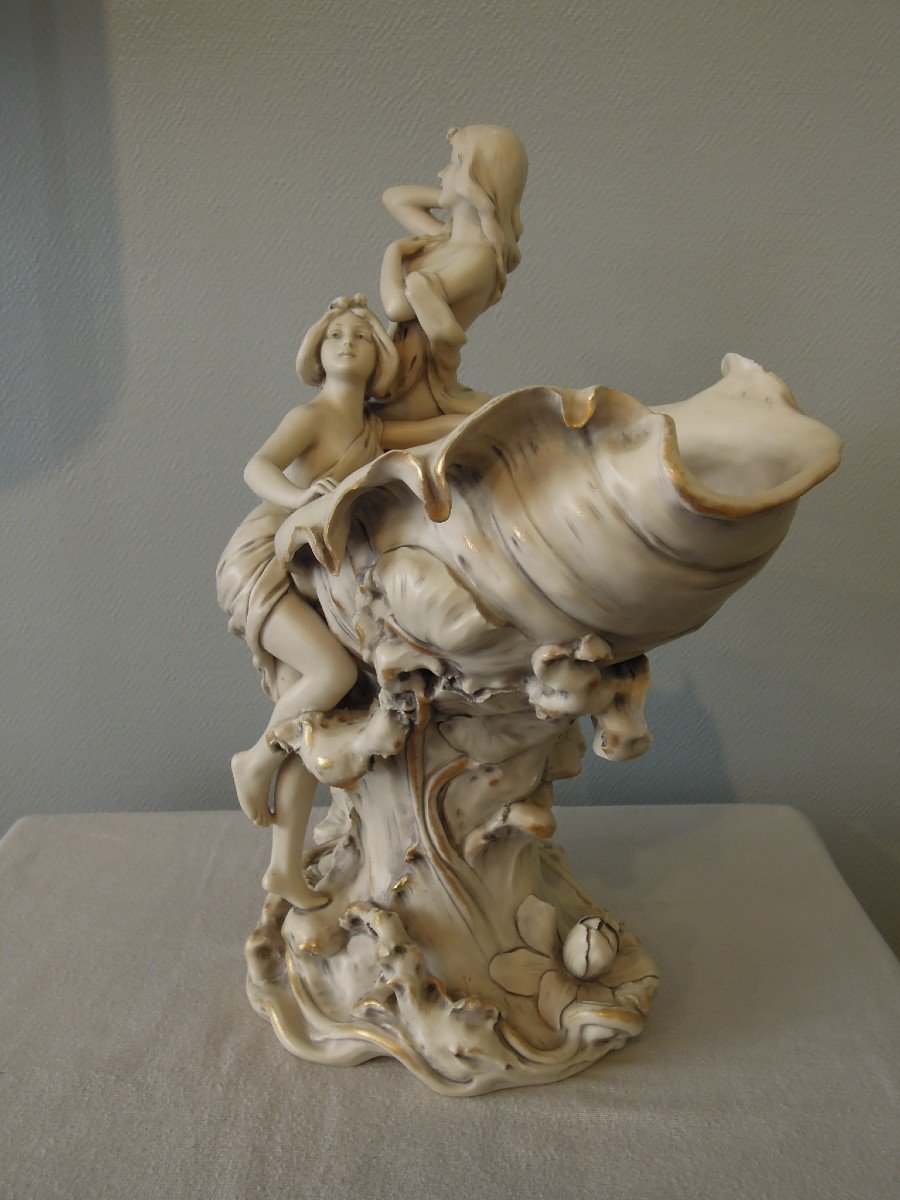 Large Royal Dux Bohemia Bowl From The Art Nouveau Period: Naked Women With Shells-photo-2