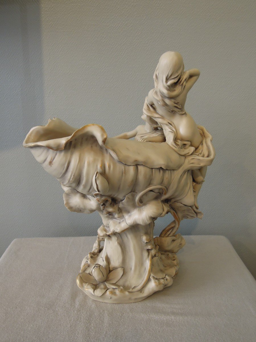 Large Royal Dux Bohemia Bowl From The Art Nouveau Period: Naked Women With Shells-photo-3