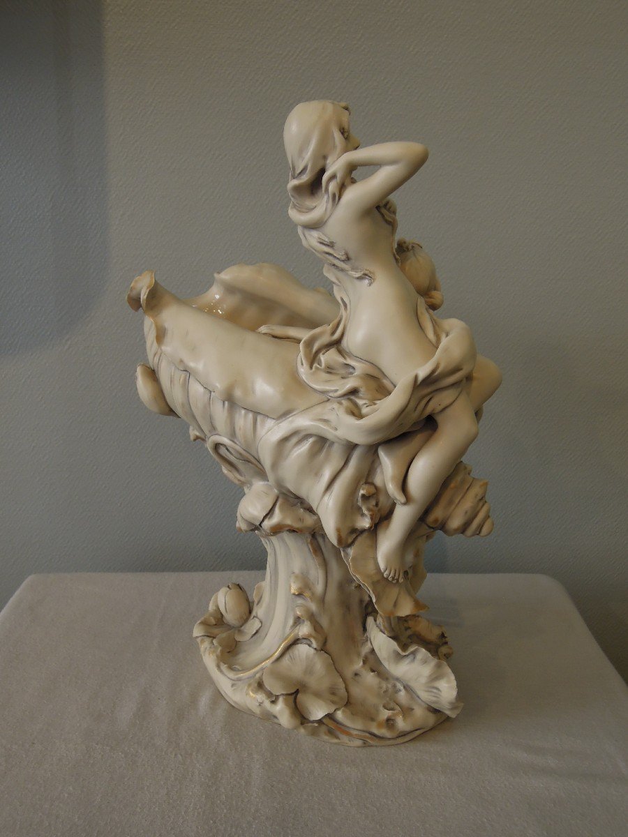 Large Royal Dux Bohemia Bowl From The Art Nouveau Period: Naked Women With Shells-photo-4