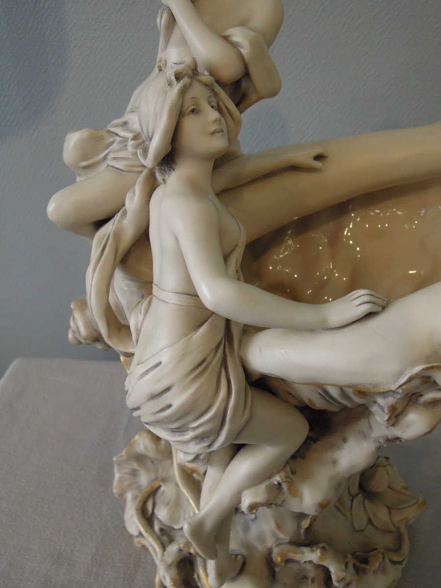 Large Royal Dux Bohemia Bowl From The Art Nouveau Period: Naked Women With Shells-photo-2