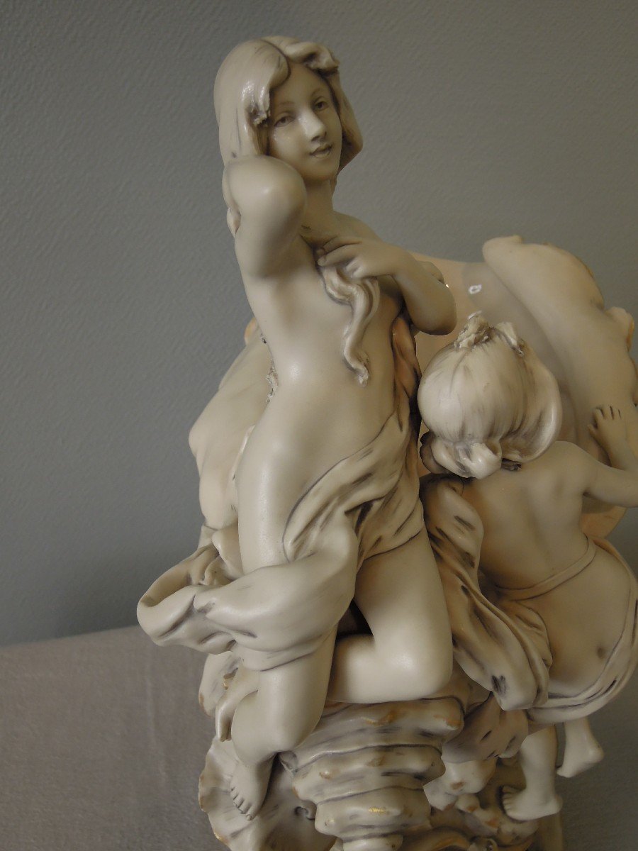 Grande coupe Royal Dux Bohemia d'époque Art Nouveau : femmes nues au coquillage-photo-3