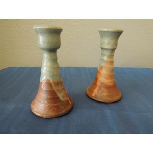 La Borne Ceramics: Pair Of Sandstone Candlesticks By Steen Kepp
