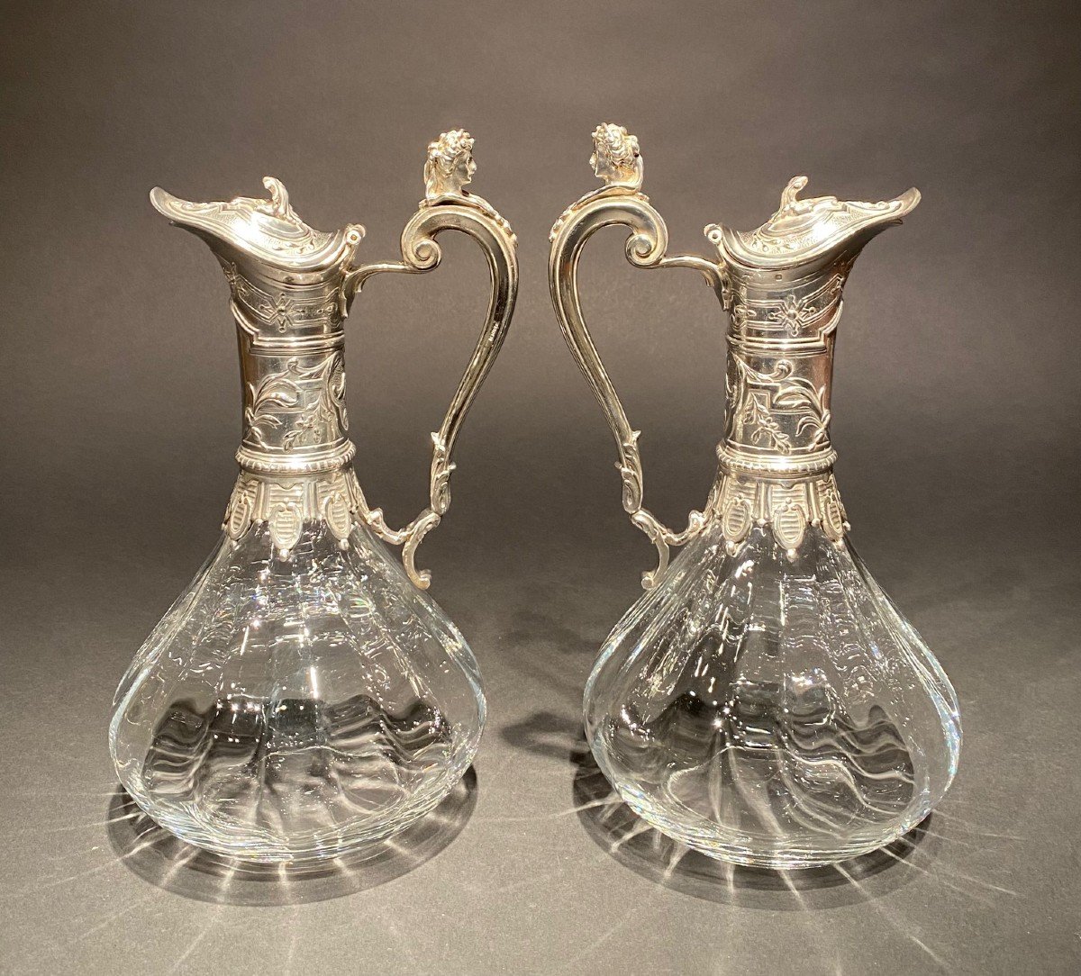 Paire d'Aiguières, Argent Massif & Cristal, Orfèvres Tétard Frères à Paris, Vers 1910