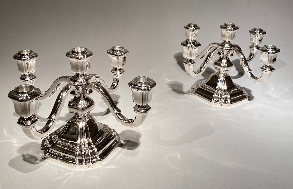 Pair Of Art Deco Candelabras With Five Arms In Sterling Silver By Raymond Ruys, Antwerp-photo-3