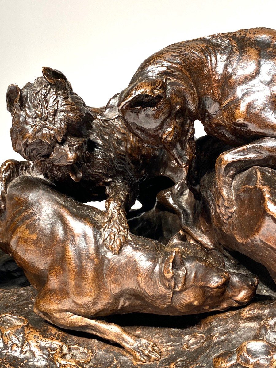 Groupe De Chiens Au Terrier Par Pierre - Jules Mène - Bronze Barbedienne-photo-2