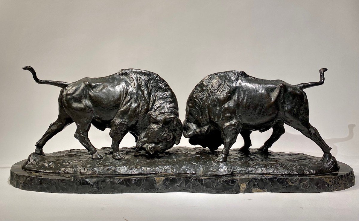 Un Groupe En Bronze De Deux Bisons, Français Iffland (1862-1935)-photo-1