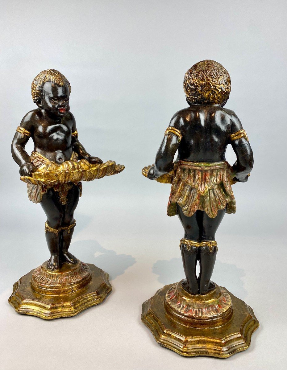 Pair Of Nubian Vide-poche, In Polychrome Carved Wood - Italy 19th Century-photo-2