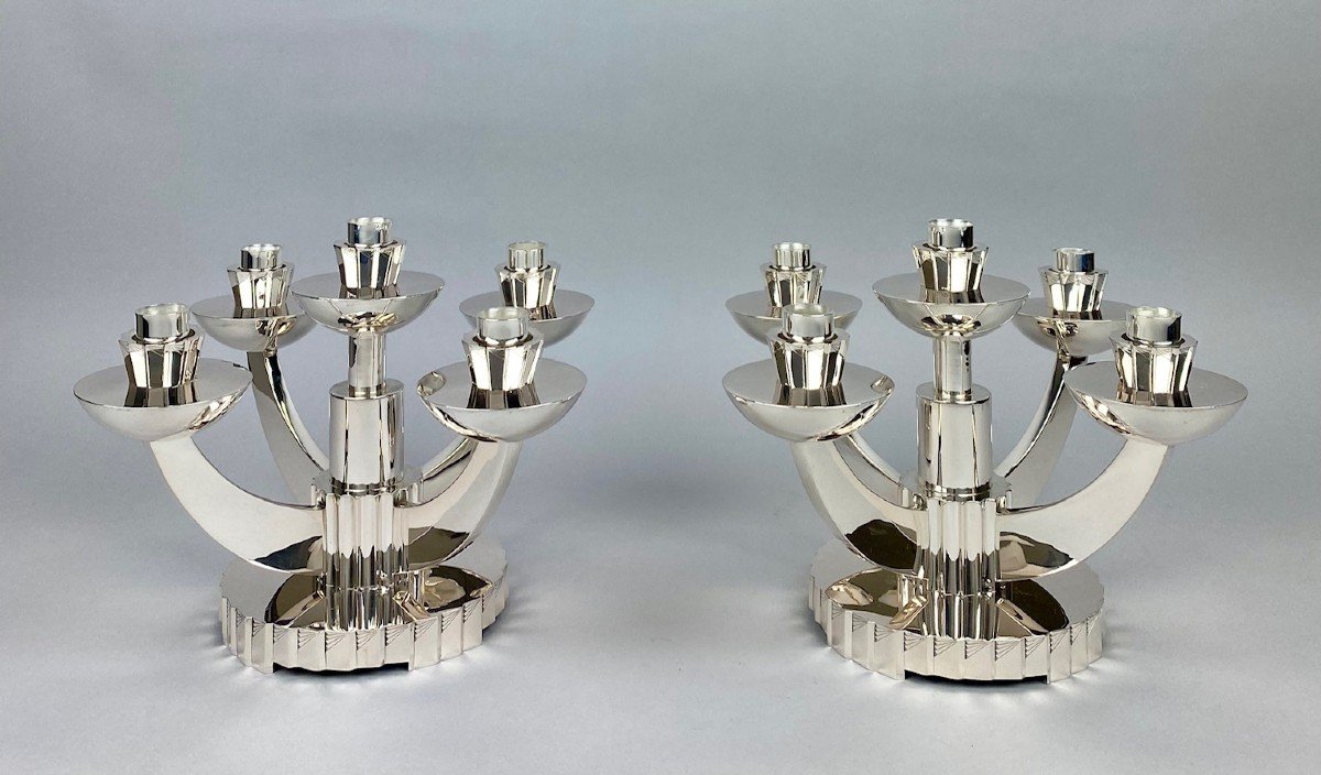 A Pair Of Portuguese Art Deco Silver Candelabras By Joalharia Do Carmo Lisbon.