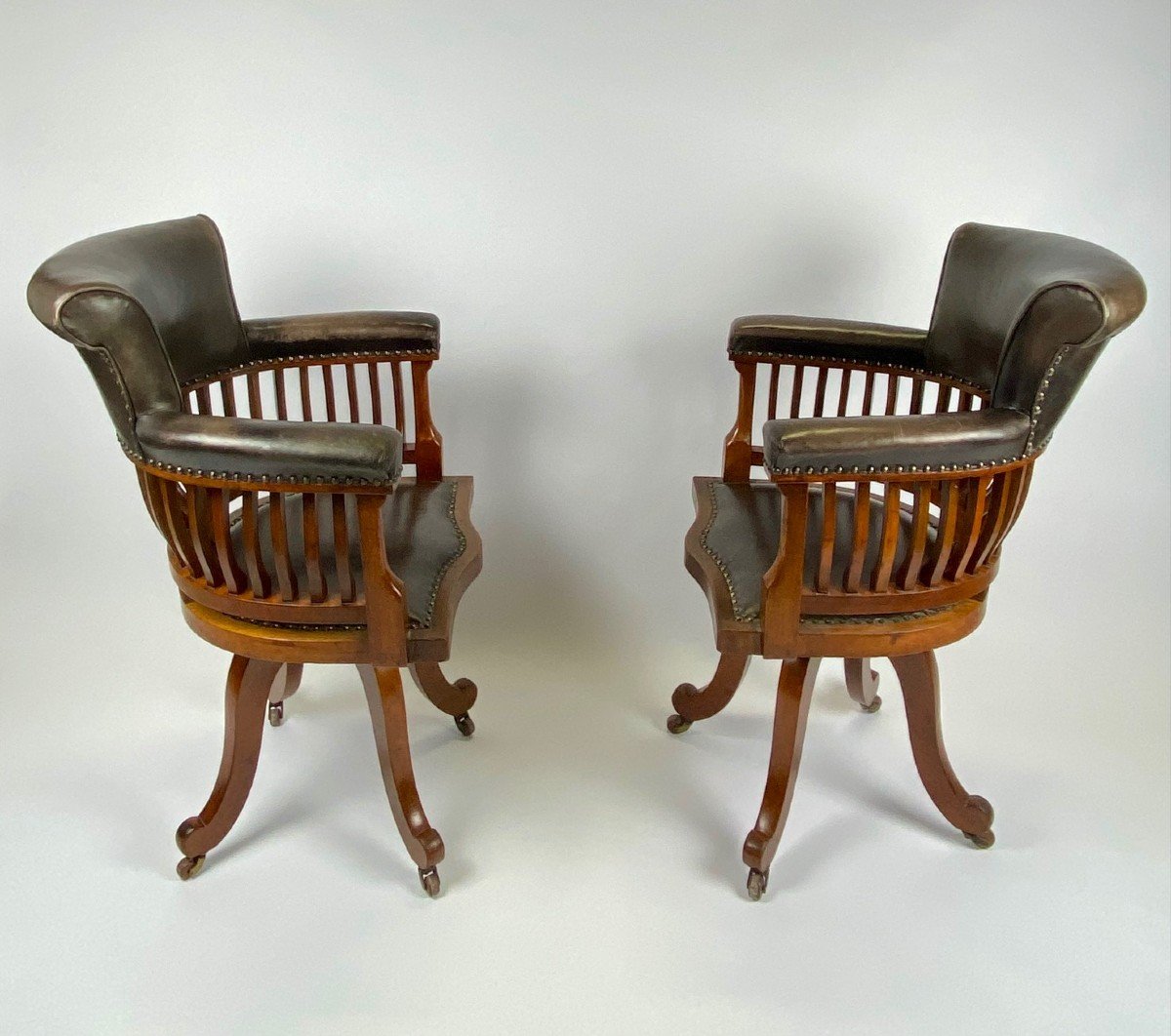  Pair Of Mahogany And Leather Office Armchairs By Edwards & Sons Newcastle-photo-3