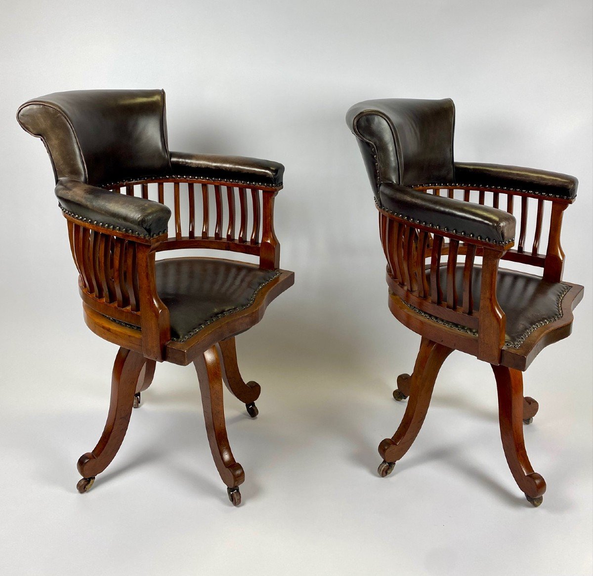  Pair Of Mahogany And Leather Office Armchairs By Edwards & Sons Newcastle-photo-8