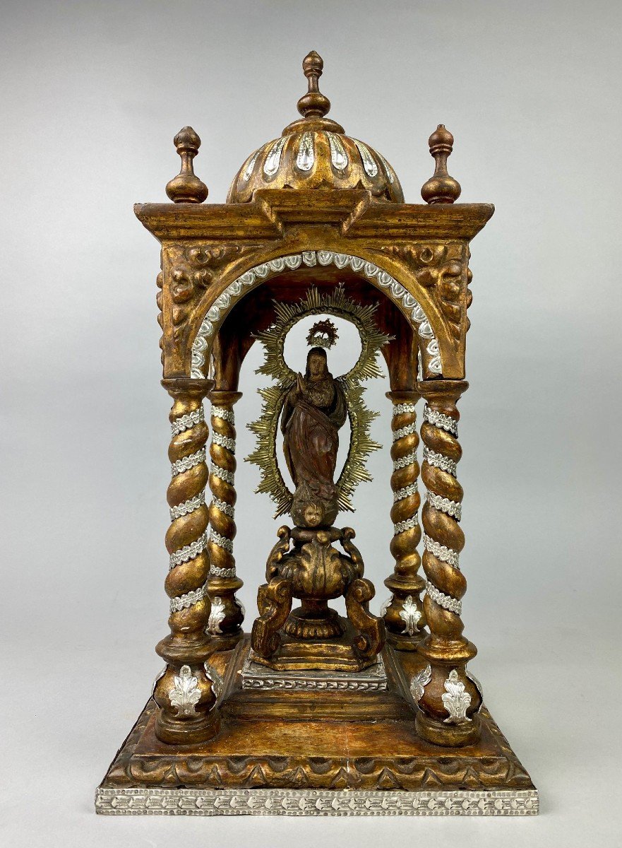 A Tabernacle From The Early 18th Century In Polychromed Wood And Solid Silver.