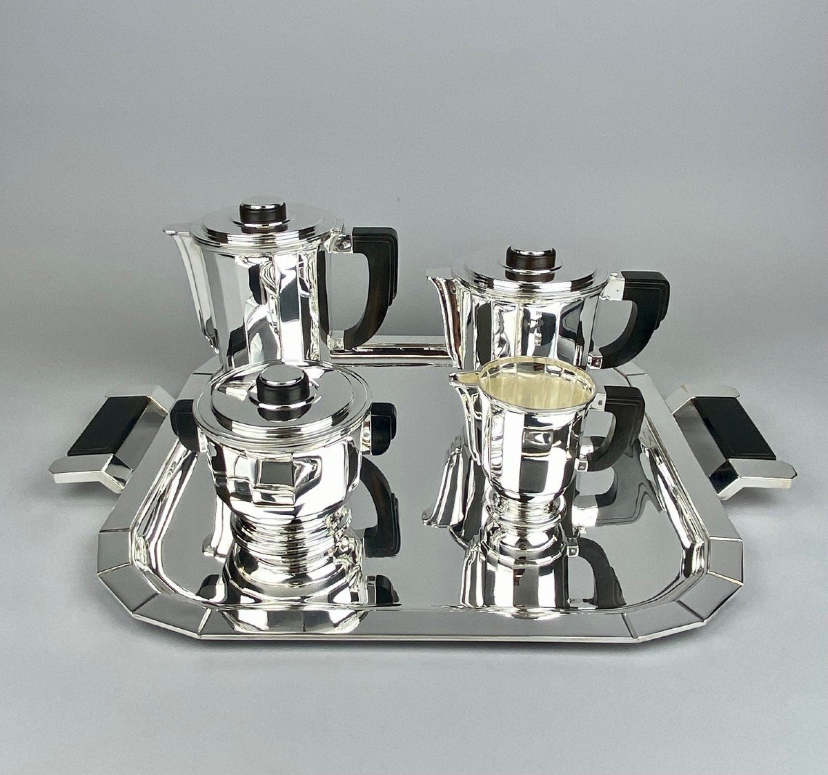 Ravinet D’enfert époque Art Déco 5 Pièces Thé Café En Argent Massif 1925-photo-3