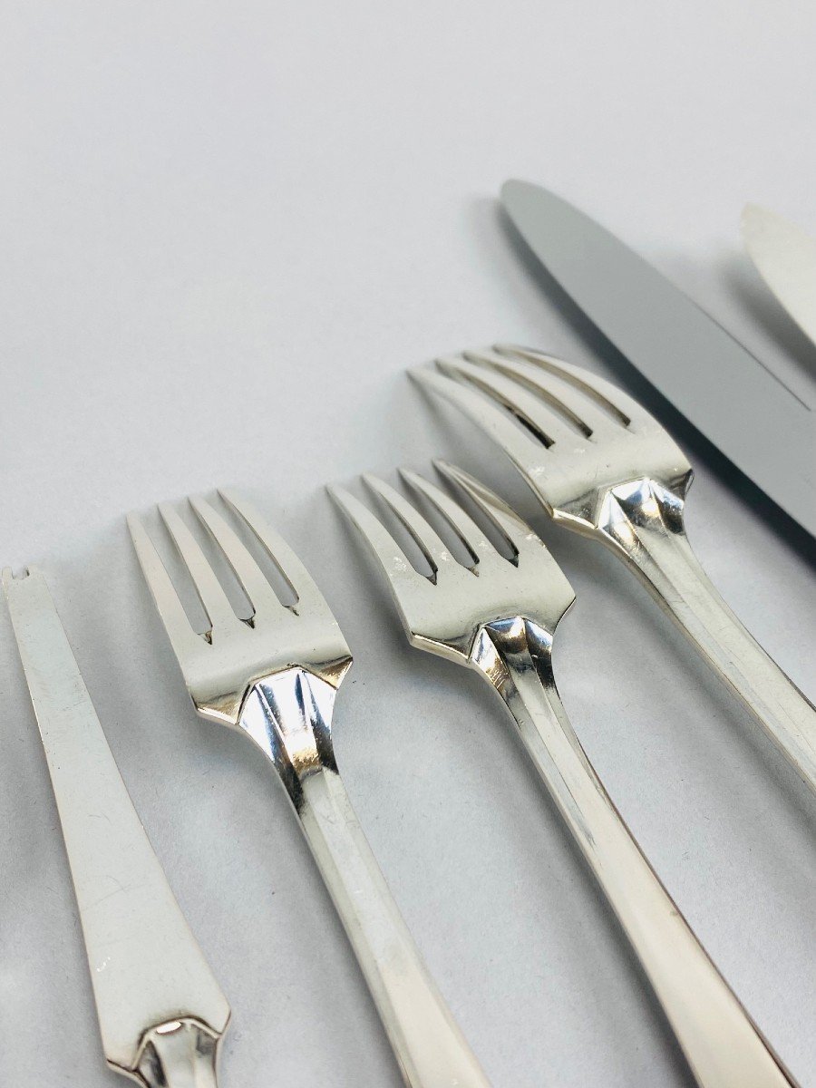 Art Deco Cutlery Set For 12, Solid Silver, 222 Pieces, Complete In Its Case. Delheid Frères.-photo-2